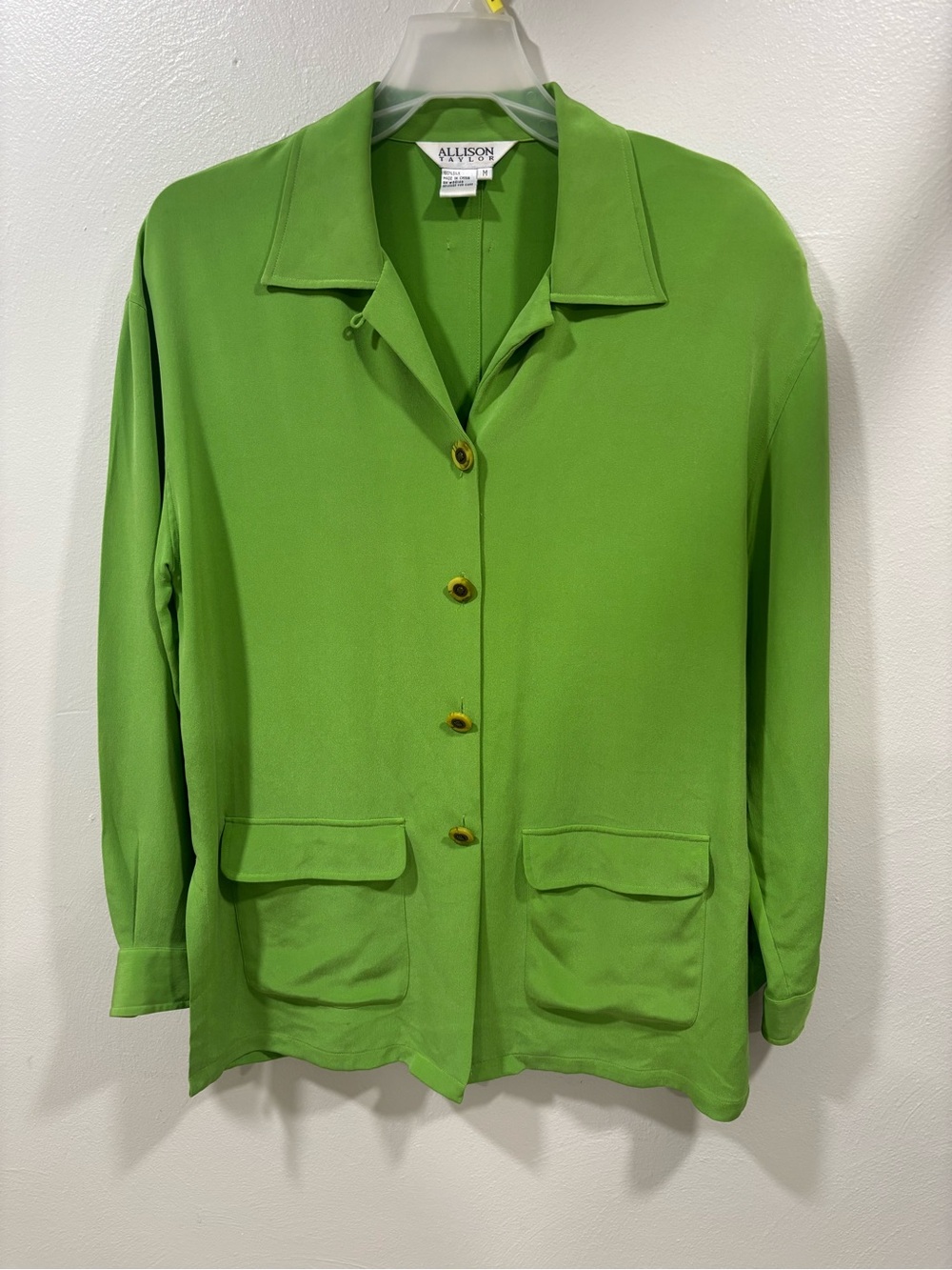 Vintage Allison Taylor Lime Green 100% Silk Button-Front Shirt Jacket